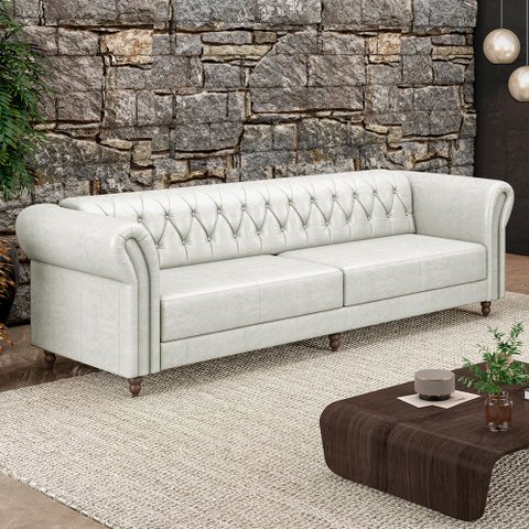Sofá Living Sala de Estar Stanford Chesterfield 3 Lugares 260cm Pés de Madeira Couro Branco Manchado