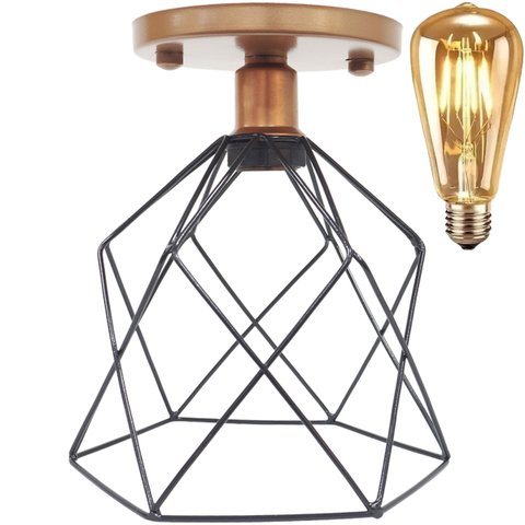 Lustre Teto Plafon + Lâmpada Led St64 Industrial Aramado Cálice Preto Retrô Vintage Cobre Rose