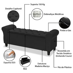 Recamier Baú Calçadeira para Cama Box Queen 150 Cm Dubai Corino Preto - Lh Móveis - 7