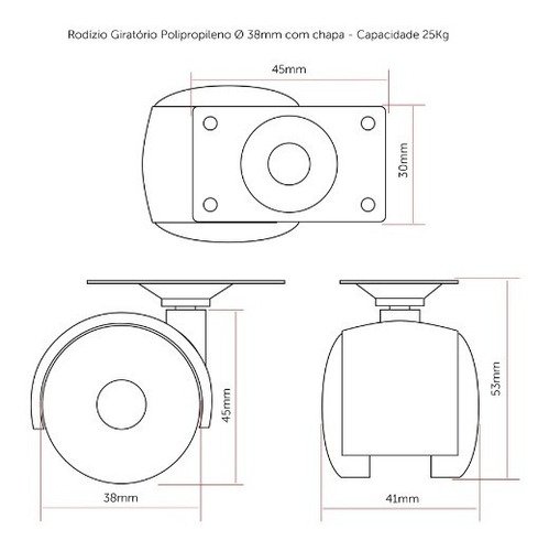 Kit com 4 Rodízios Giratório C/ Chapa Móveis Puff Mesa Rd38 Super Resistentes - 3