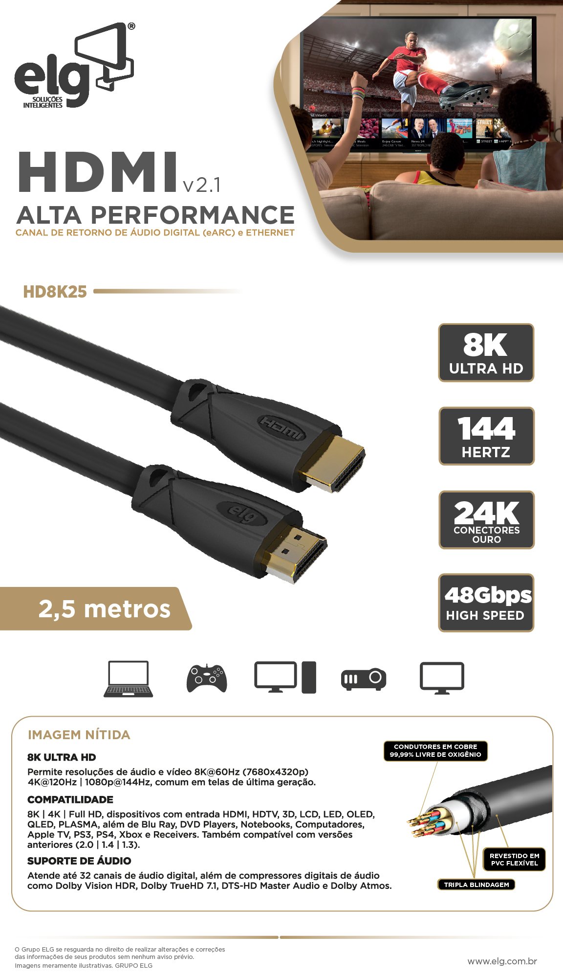 Cabo Hdmi 2.1v 3d Ready 8k Ultrahd com 2,5 Metros - Elg - 5