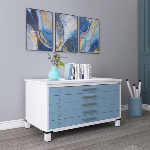 Mapoteca Mont 5 Gavetas 71,3cm x 120,4cm Aço Cinza/Branco/Azul Dali