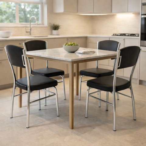 Cadeira Cozinha Reforço Cromada Assento Grosso Confortável Encosto Estofado Cor Preto Kit 4 Peças