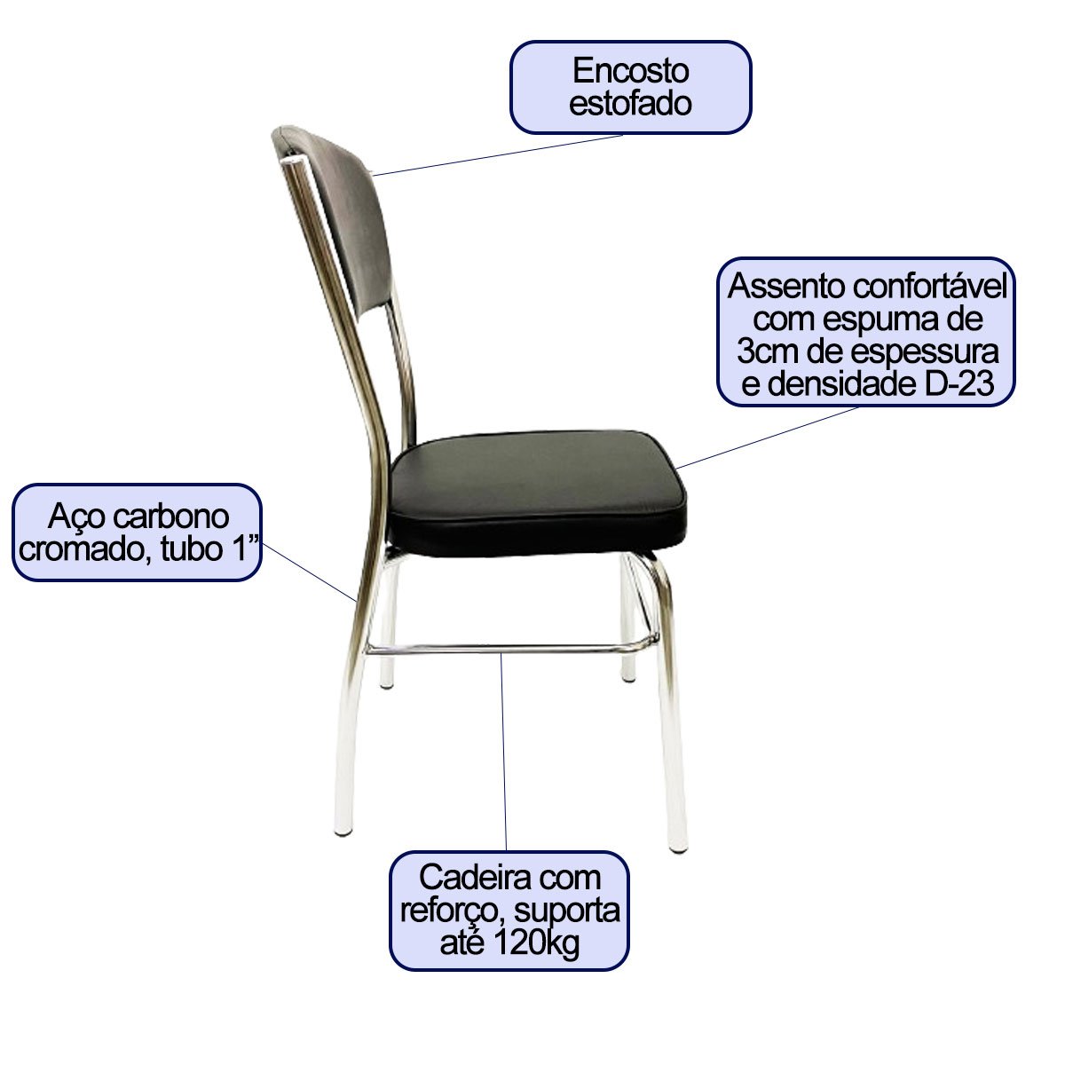 Cadeira Cozinha Reforço Cromada Assento Grosso Confortável Encosto Estofado Cor Preto Kit 4 Peç - 2