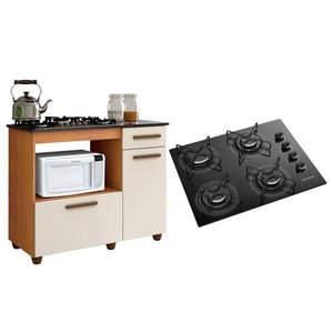 Kit Balcão para Cooktop Cozinha Kaiki Violeta Nature Off White com Fogão Cooktop Essencial 4 Bocas I
