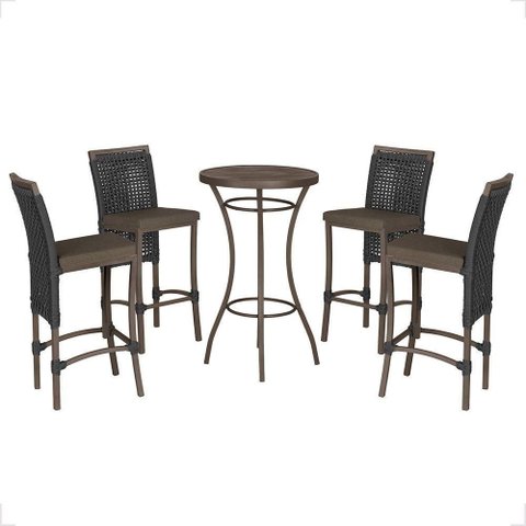 Mesa Bistrô e 4 Banquetas Roma Marrom Corda Estofado 9 Trama Preto