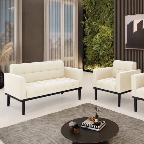 Conjunto Poltrona e Namoradeira Decorativa Karen Pés Fixo em Madeira Preto Veludo Bege G19 - Gran Be