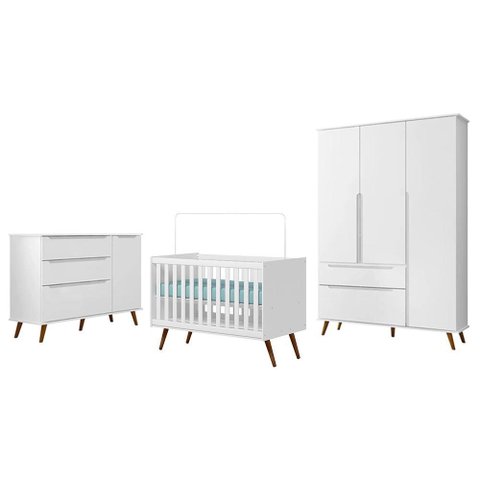 Dormitório Melinda Guarda Roupa, Cômoda com Porta e Berço Retrô Branco Acetinado - Phoenix Baby