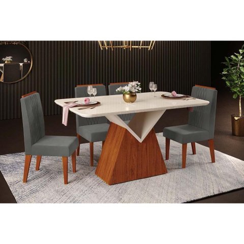 Sala de Jantar Completa Argo C/ Tampo Madeirado C/ Vidro Curvo 136x90cm e 4 Cadeiras Lia Freijo/off