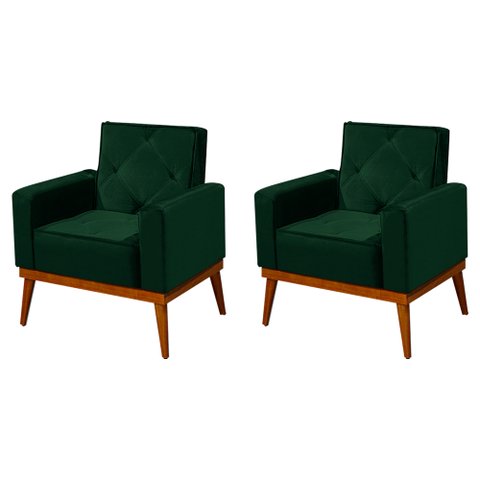 Kit 2 Poltronas Decorativa Florença Pés em Madeira Maciça Estofado Veludo - Verde