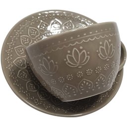 Xícara Corona Com Pires Chá Café 270ml De Cerâmica Cinza - 4