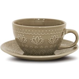 Xícara Corona Com Pires Chá Café 270ml De Cerâmica Cinza - 1