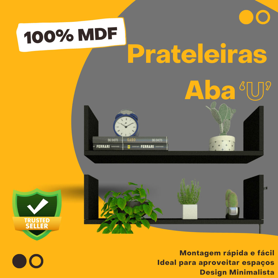 Par de Prateleiras Aba U P15cm Minimalista Preto Mdf Organizador Banheiro Lavanderia - 5