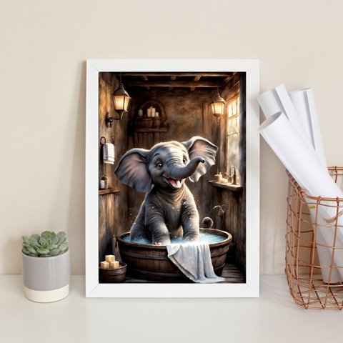 Quadro Banheiro Elefantinho Tomando Banho 24x18cm - com Vidro:moldura Preta