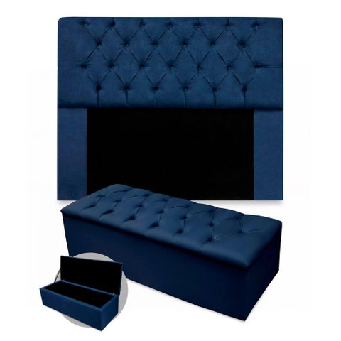 Kit Cabeceira + Calçadeira Baú Mirage King Size 195cm Suede - Ecotec Decor:Azul Marinho