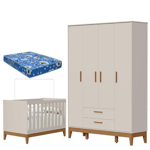 Guarda Roupa Infantil 4 Portas com Berço Americano Flip Areia Acetinado com Colchão - Reller