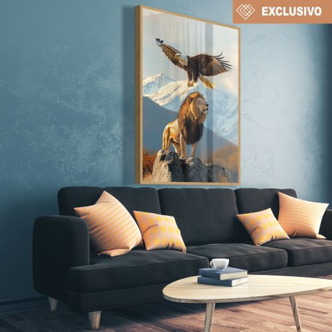 Quadro Decorativo Águia e o Leão na Montanha Sala Quarto Casa Escritório