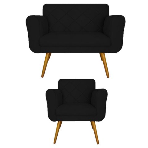 Kit Namoradeira e 1 Poltrona Estofada Para Sala de Tv Isabella Corano Preto - LM DECOR