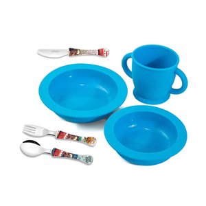 Copo Prato Talheres Infantil Silicone Azul Criança Kids Carrinhos