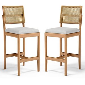 Kit com 2 Banqueta Milena Madeira Maciça Assento Estofado Encosto de Tela Palha Sextavada Linho Cinz