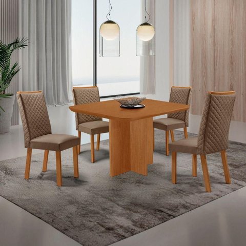Conjunto Jantar Olimpia Lira 4 Lugares MDF Veludo Caramelo 90cm Moderna