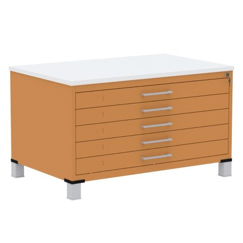 Mapoteca 5 Gavetas Pandin 120 Cm (larg) Inmetro Tampo Mdp Branco Estrutura e Gavetas em Aço Laranja