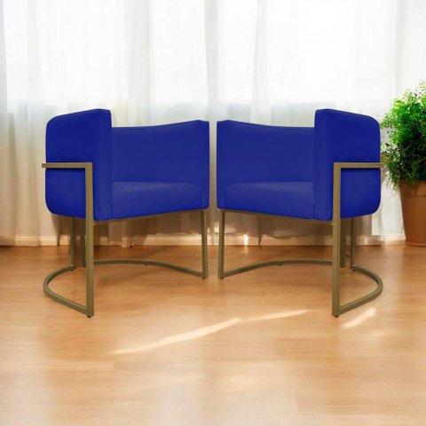 Kit 2 Poltronas Decorativas Recepção Luna Tecido Sintético Base de Ferro Dourada Azul Royal