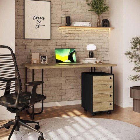 Kit Mesa Mais Gaveteiro 4 Gavetas Bege/Oak/Preto