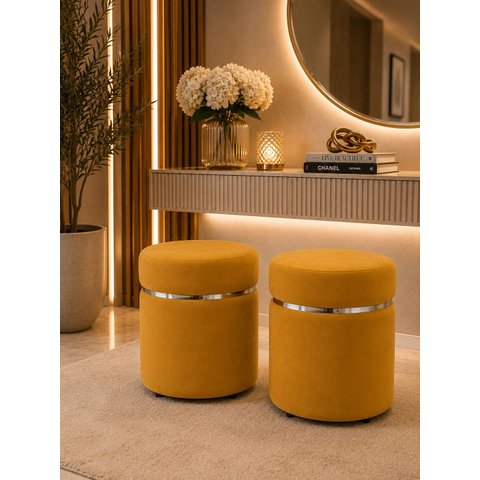 Kit de Puff Superior Prata, Cor Amarelo Veludo - Let Móveis