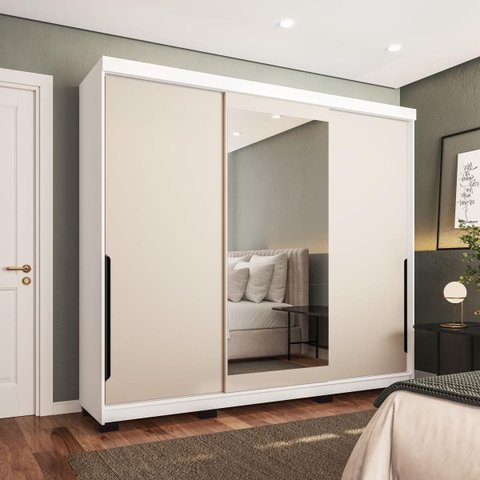 Roupeiro Madri 3 Portas de Correr com Espelho 217x213cm Creme/Branco 250831