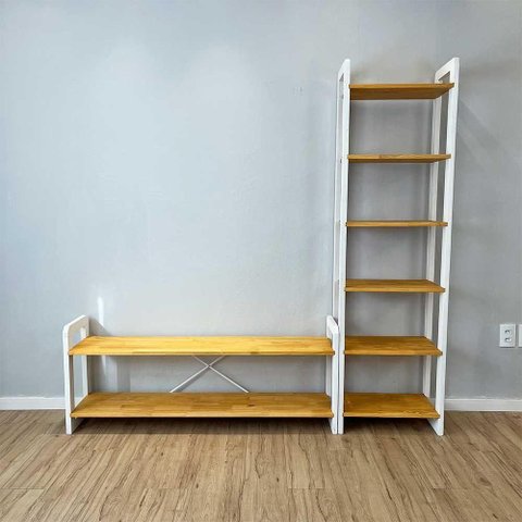 Rack TV Linea 141.5cm Madeira Pinus com Estante 6 Prateleiras Nozes e Branco Artfactory Design