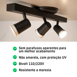 Trilho Eletrificado 3 Spot Led Gu10 Mr16 Canopla Tampa Cor:preto - 6