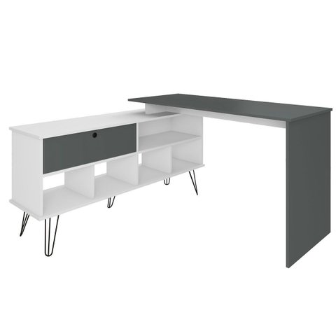 Mesa Escrivaninha em L com Porta e 6 Nichos Hawaii Branco/grafito