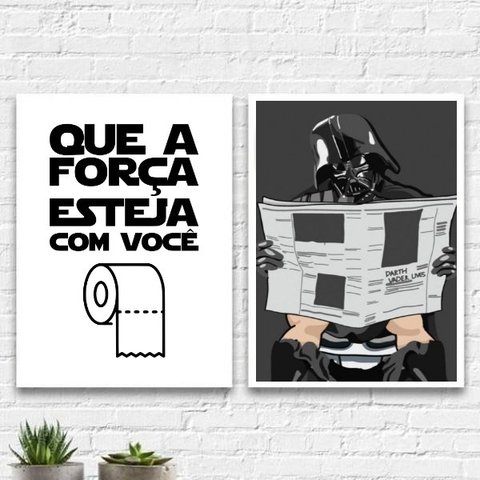 Kit 2 Quadros Banheiro Darth 45x34cm:Madeira branca