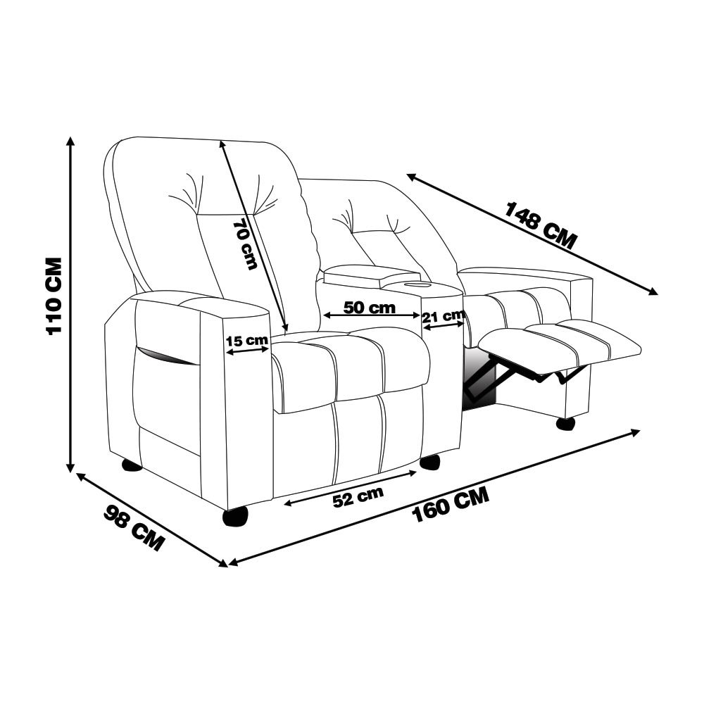 Poltrona Reclinável para Cinema 2 Lugares Sora Pu Preto Brilho Fh1 - D'rossi - 3