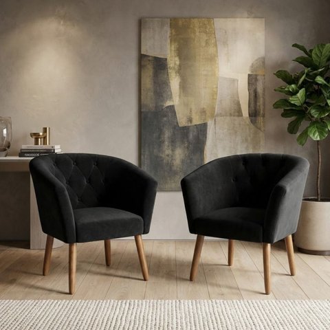 Jogo 2 Poltronas Estofadas Tecido Veludo Elegante para Sala de Espera Aconchegante Pés de Madeira Re