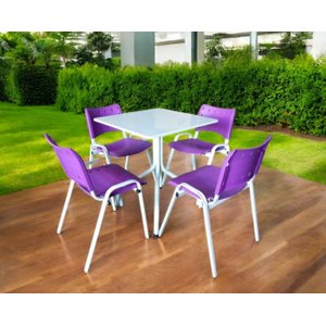 Jogo Mesa Quadrada 70x70 para Restaurante Comércio com 4 Cadeiras Iso Roxa Base Branca