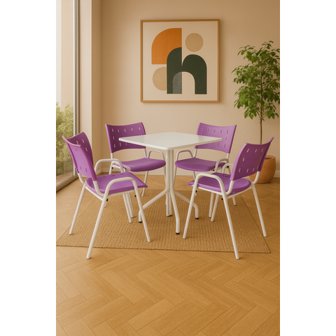 Jogo Mesa Quadrada 70x70 para Restaurante Comércio com 4 Cadeiras Iso Roxa Base Branca
