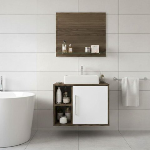 Gabinete para Banheiro com Cuba 60cm Armário Banheiro 1 Porta com Painel Branco e Marrom Arte Cas