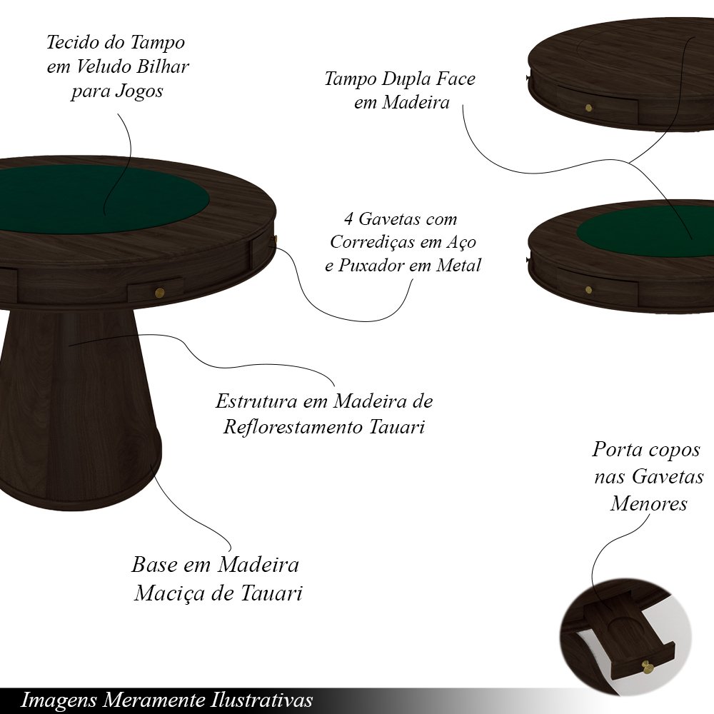 Conjunto Mesa de Jogos Carteado Bellagio Tampo Reversível Verde e 4 Cadeiras Madeira Poker Base Cone - 4