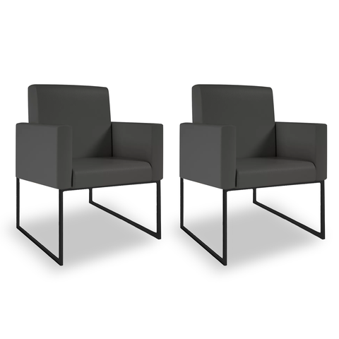 Kit 02 Poltronas Moderna Courino 3 Cores- Base Ferro Preto - Cinza