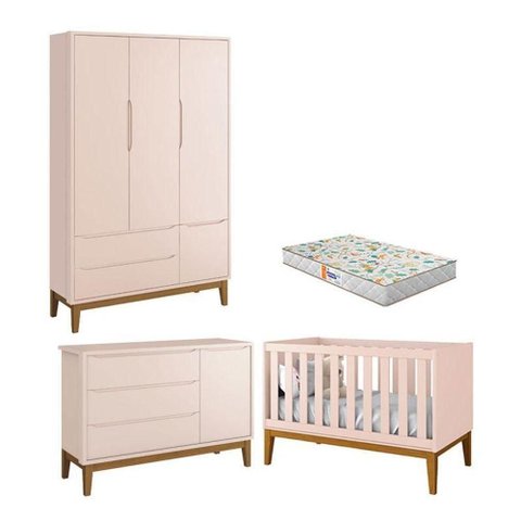 Quarto de Bebê 3 Portas New Classic Rosa com Pés Madeira e Colchão Gazin ? Reller