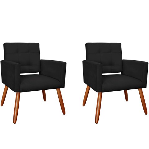 Kit 2 Poltronas Decorativa Camila Couro Preto Pés Madeira Ms Decor