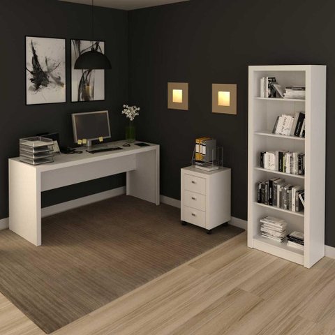 Kit para Escritório com Mesa Gaveteiro e Estante 5 Nichos Br Cor:branco