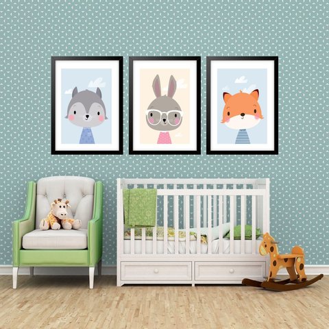 Kit 3 Quadros Grandes Quarto Infantil Bichinhos 60x48cm:moldura Branca