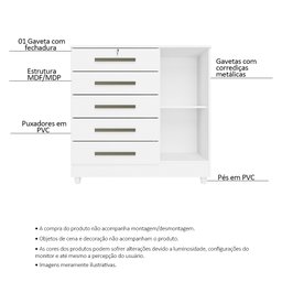 Cômoda para Quarto 1 Porta 5 Gavetas Vitória Branco - Saga Decor - 3