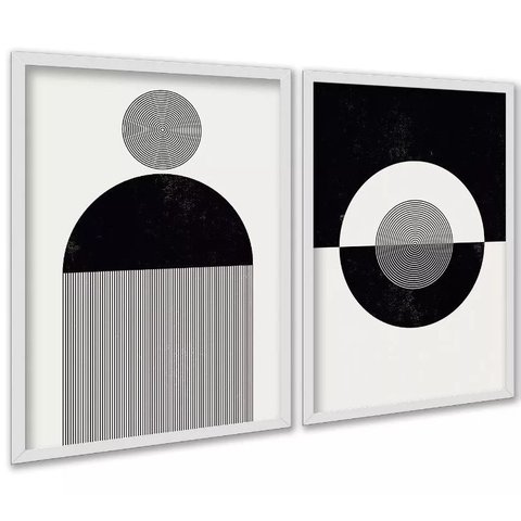 Kit 2 Quadros Abstratos Formas e Linhas Preto e Branco 24x18cm:moldura Branca