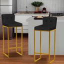 Ver imagem 1 de Kit 02 Banqueta Alta C/ Encosto Lucca Industrial Cozinha Ferro Dourado Botão Preto Corino Preto -