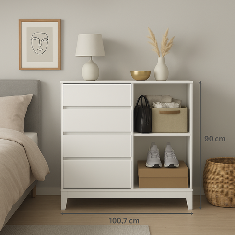 Comoda Gaveteiro C/ 4 Gavetas 1 Porta Fit -santos Andirá - com Pés -branco