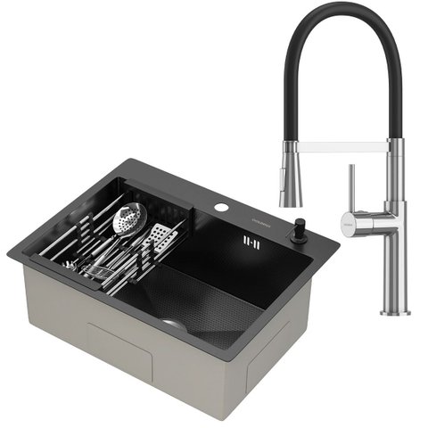 Kit Cuba Gourmet Mônaco Preto Aço Inox 304 e Torneira Gourmet Bélgica Monocomando Goldenx